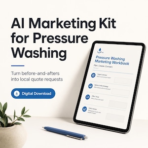 Zestaw narzędzi marketingowych AI do mycia ciśnieniowego i czyszczenia elewacji | Posty „przed/po”, reklamy z wycenami, ulotki, działania następcze | Edytowalne szablony skoroszytów