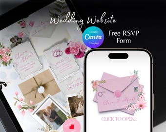 Puede incluir: Un diseño de sitio web de bodas con invitaciones, fotos y un teléfono inteligente que muestra un sobre rosa con detalles florales. El texto incluye "Wedding Website", "Free RSVP Form" y "Editable Canva Template".