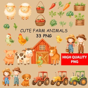 Clipart numérique mignon de ferme, animaux de la ferme aquarelle, animaux de la ferme, vache mignonne, fille de la ferme, garçon de la ferme, clipart animaux de la ferme