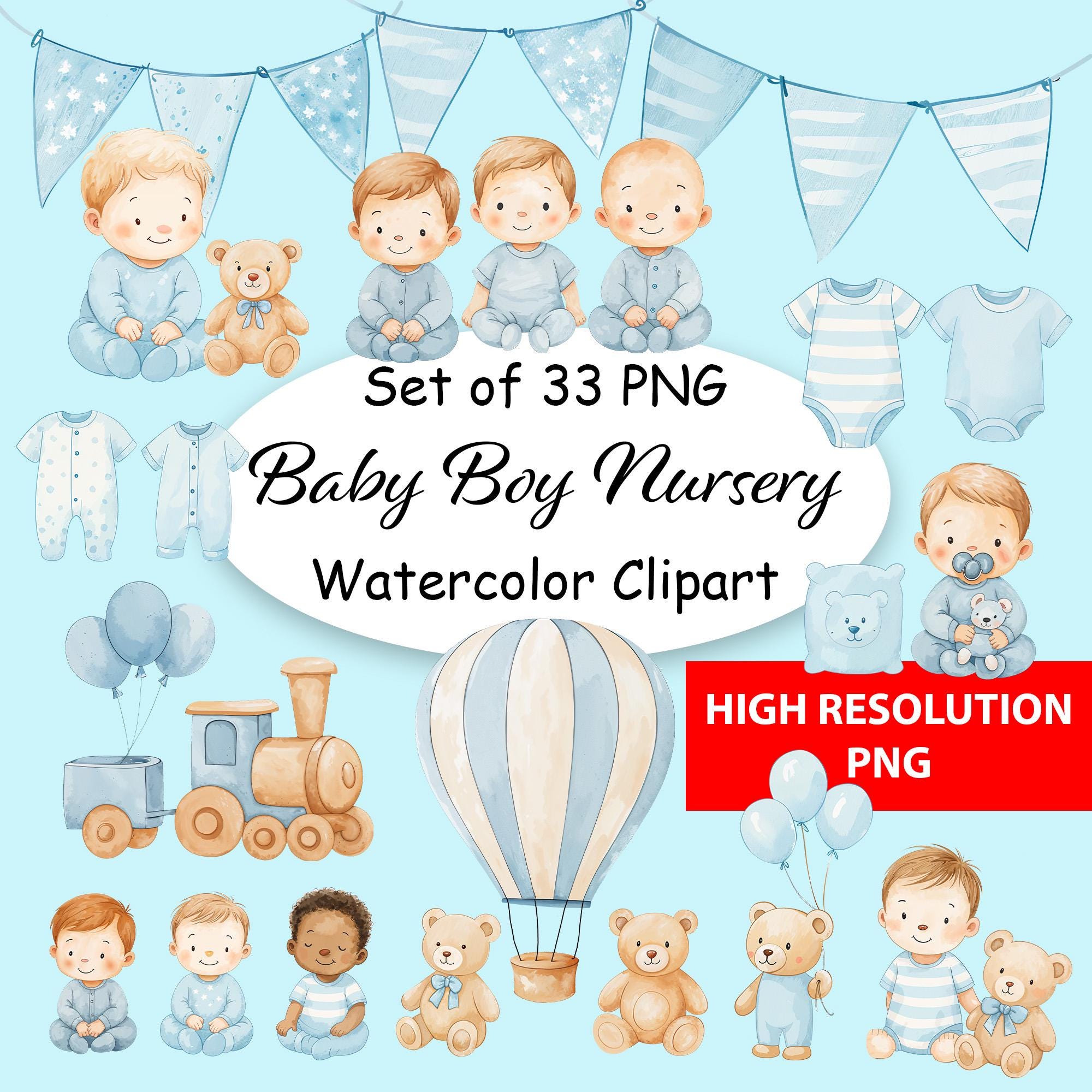Blue Baby Shower Clipart: Teddy Bear PNG Graphics (Digital Download 33 Files 8192x8192px )