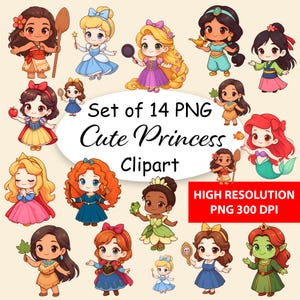 Princess PNG Clipart Cute Chibi Bundle - Perfect for Princess Iron On or Baby Shower Decor and DIY Party Printables - Cute Princess Clipart