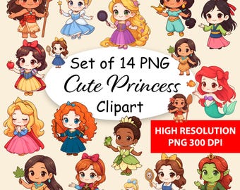 Princess PNG Clipart Cute Chibi Bundle - Perfect for Princess Iron On or Baby Shower Decor and DIY Party Printables - Cute Princess Clipart