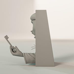 May include: A grey sculpture of a character holding a key. The character's face shows a surprised expression. The key is held in the character's hand, and the sculpture is set against a rectangular backdrop.