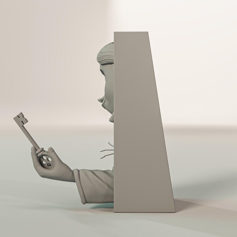 May include: A grey sculpture of a character holding a key. The character's face shows a surprised expression. The key is held in the character's hand, and the sculpture is set against a rectangular backdrop.