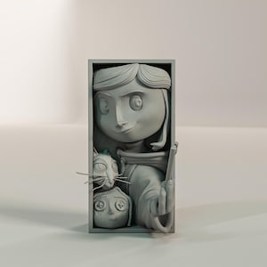 May include: A grey rectangular relief sculpture depicting a girl, a cat, and a doll with button eyes. The girl is holding a needle. The sculpture is set within a rectangular frame.