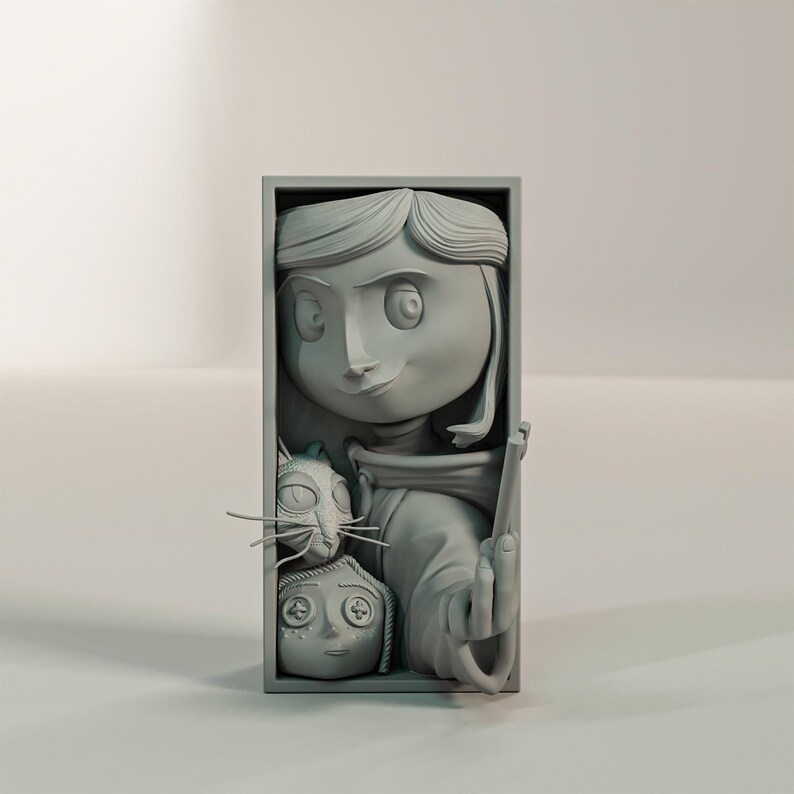 May include: A grey rectangular relief sculpture depicting a girl, a cat, and a doll with button eyes. The girl is holding a needle. The sculpture is set within a rectangular frame.