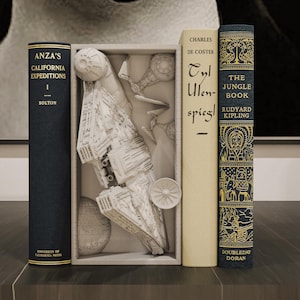 Puede incluir: Una exhibición de libros antiguos, incluyendo "Anza's California Expeditions", "Charles De Coster" y "El libro de la selva". Una escultura de papel detallada se muestra en una caja de sombras. Los libros están colocados sobre una superficie de madera oscura.