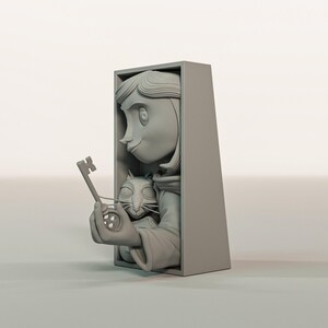 May include: A grey sculpture of a girl holding a key and a cat. The girl is inside a rectangular frame. The cat is nestled in the girl's arms. The sculpture is a light grey colour and has a smooth finish.