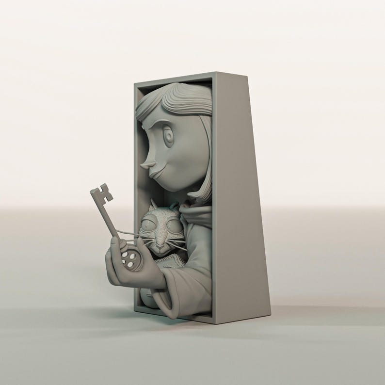 May include: A grey sculpture of a girl holding a key and a cat. The girl is inside a rectangular frame. The cat is nestled in the girl's arms. The sculpture is a light grey colour and has a smooth finish.