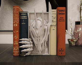 Puede incluir: Una estantería decorativa con varios libros antiguos en tonos naranja, azul marino y crema. Una escultura blanca de una mano y una figura de dragón se coloca entre los libros. Un jarrón con una planta está a la derecha.