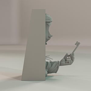 May include: A grey sculpture of a character holding a key with a button-shaped handle. The character is partially obscured by a grey rectangular structure. The sculpture has a whimsical, cartoonish style.