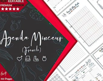 Op de afbeelding: Een zwart-witte printbare agenda met de tekst "Agenda Minceur (French)" en pictogrammen van een hart, een lichaam, een halter en een appel. De agenda is 6x9 inch en heeft 110 pagina's met bleed.