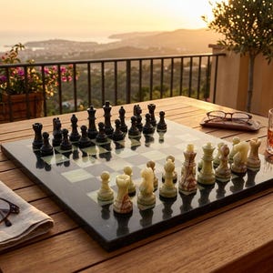 Handmade Onyx Marble Chess Set, Black and Green Stone Board, Luxury Decor
