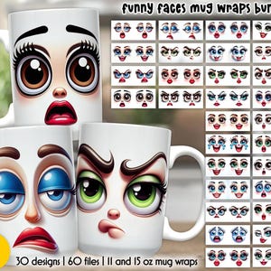 30 PNG-Designs, lustige Gesichter, Fanny-Face-Tassen zum Sublimation auf Tassen, 11- und 15-oz-Tassen. Enthält ein Modell.
