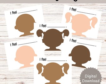 May include: Six printable playdough mats featuring brown and peach-coloured silhouettes of children with the text "I feel" on each mat.