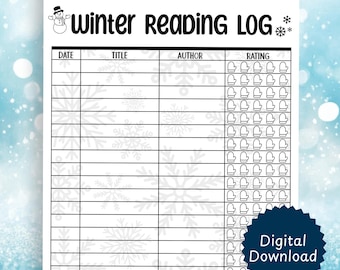 Può includere: Un registro di lettura invernale bianco stampabile con una grafica di pupazzo di neve e il testo "Winter Reading Log". Il registro include sezioni per data, titolo, autore e valutazione, con icone di guanti per la valutazione. Download digitale.