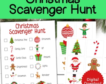 May include: A Christmas Scavenger Hunt printable with a checklist and matching image cards. The checklist includes items like a Christmas tree, candy cane, Santa Claus, gingerbread, snowman, and wreath. The image cards feature a Christmas ornament, elf, present, lights, reindeer, and sleigh.