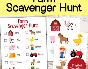 Op de afbeelding: Een printbaar boerderij-speurtocht spel met een checklist van boerderijdieren en -voorwerpen, waaronder een schuur, een paard, een koe, een eend, een varken, een boer, hooi, een tractor, een schaap, een geit, een kip en een boom. Het spel bevat een set kleurrijke afbeeldingen die overeenkomen met de checklist.