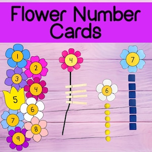 May include: Flower Number Cards text on a purple background. Colorful flower-shaped number cards, each with a different number from 1 to 9. Some flowers have wooden clothespins, blue squares, or yellow pom-poms.