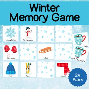 May include: A winter-themed memory game with illustrated cards featuring snowflakes, a snowman, mittens, a sled, a hat, skis, and a scarf. The game includes 24 pairs of cards and is titled "Winter Memory Game".
