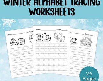 Puede incluir: Hojas de trabajo imprimibles en blanco y negro para trazar el alfabeto. Cada página presenta una imagen con temática invernal, como una bellota, un oso y una cabaña. El texto "WINTER ALPHABET TRACING WORKSHEETS" está en la parte superior de la imagen. El texto "26 Pages" está en la parte inferior de la imagen.