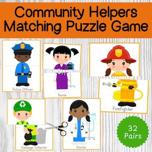 以下が含まれることがあります： 32組のカードで構成された、印刷可能な地域社会の助け手のマッチングパズルゲーム。各カードには、警察官、看護師、消防士、ゴミ収集員、医師など、地域社会の助け手の漫画イラストが描かれています。カードは切り取ってマッチングゲームに使用できるように設計されています。