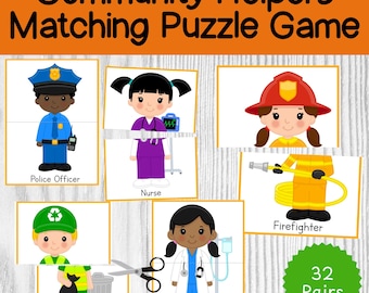 Community Helpers Matching Puzzle Game, community helpers matching game, puzzelspellen voor kinderen, kleuterschool, kleuterschool, baanmatchingspellen