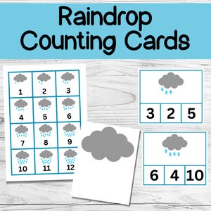 May include: A set of 12 printable raindrop counting cards. Each card features a grey cloud with blue raindrops and a number from 1 to 12. The cards are designed for use in early childhood education.