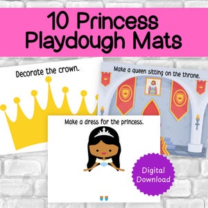 Könnte beinhalten: Zehn druckbare Playdough-Matten mit Prinzessinnen-Motiven. Die Matten beinhalten eine Krone zum Dekorieren, ein Kleid zum Basteln für eine Prinzessin und eine Königin, die auf einem Thron sitzt.