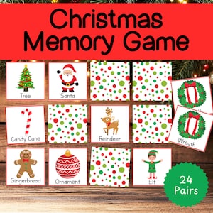 May include: A Christmas Memory Game with illustrated cards featuring a Christmas tree, Santa, candy cane, reindeer, gingerbread man, ornament, elf, and wreaths. The game includes 24 pairs of cards, with a red and green polka dot pattern on the back.