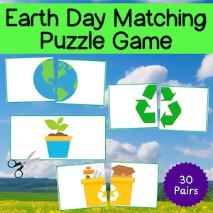May include: A set of 30 Earth Day matching puzzle game cards. The cards feature images of a globe, a recycling symbol, a potted plant, and a recycling bin. The cards are designed to be cut out and used as a matching game.