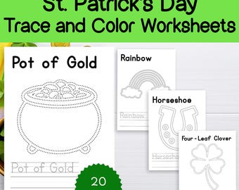 St. Patrick's Day Trace and Color Worksheets, St. Patrick's Day coloring printable, preschool worksheets, homeschool learning, handwriting