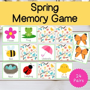 Könnte beinhalten: Ein Frühlingsthema-Gedächtnisspiel mit 24 Kartenpaaren mit Bildern von einer Blume, einem Frosch, einer Biene, einem Nest, einem Marienkäfer, einem Küken, einem Regenschirm, einem Schmetterling und einem Blumenmuster.