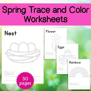 Spring Trace and Color Worksheets, spring coloring printable, preschool worksheets, spring worksheets, homeschool learning, handwriting