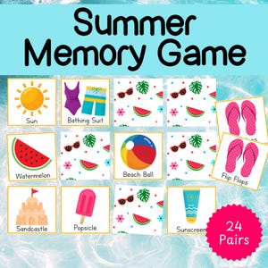 Summer Memory Game, summer matching game, memory games for kids, beach matching activities, preschool, classroom, summer party games