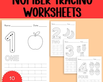 May include: A collection of number tracing worksheets with the text "NUMBER TRACING WORKSHEETS". The worksheets feature numbers one through four, along with corresponding illustrations of an apple, bananas, grapes, and strawberries. The worksheets are designed for educational purposes.