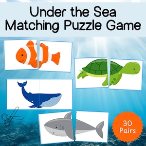 May include: Under the Sea Matching Puzzle Game with 30 pairs of sea creatures. The game includes a clownfish, a whale, a shark, and a sea turtle.