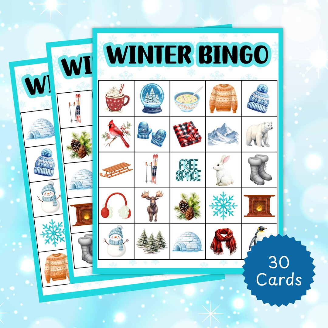 Winter Bingo, 30 Winter Bingo Cards, Printable Games, Winter Games ...