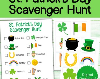 St. Patrick's Day Scavenger Hunt, St. Patrick's Day games for kids, printable scavenger hunt, indoor scavenger hunt, treasure hunt