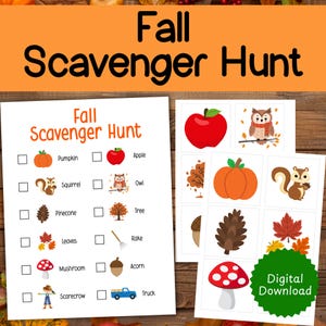 May include: A fall-themed printable scavenger hunt with the text "Fall Scavenger Hunt" at the top. The hunt includes illustrations of a pumpkin, apple, squirrel, owl, pinecone, tree, leaves, rake, mushroom, acorn, scarecrow, and truck.