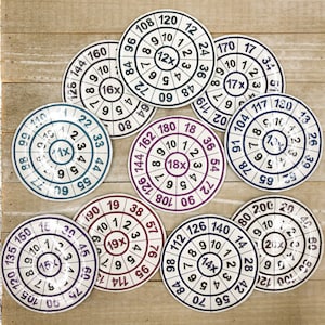 Op de afbeelding: Negen ronde papieren spelborden met nummers en een vermenigvuldigingsteken. De borden zijn in verschillende kleuren, waaronder paars, blauw, wit en teal. Elk bord heeft een ander getal in het midden, variërend van 11x tot 20x.