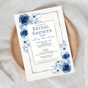 Blue Flower Bridal Shower Invitation Template, Chinoiserie Bridal Shower Invite, Elegant bridal Shower Invite, Digital Download