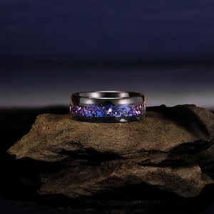 Amethyst & Blue sandstone 4/8mm Black Tungsten Wedding Ring – Nebula Outer Space Ring | Couples Wedding Ring Set Engagement Band