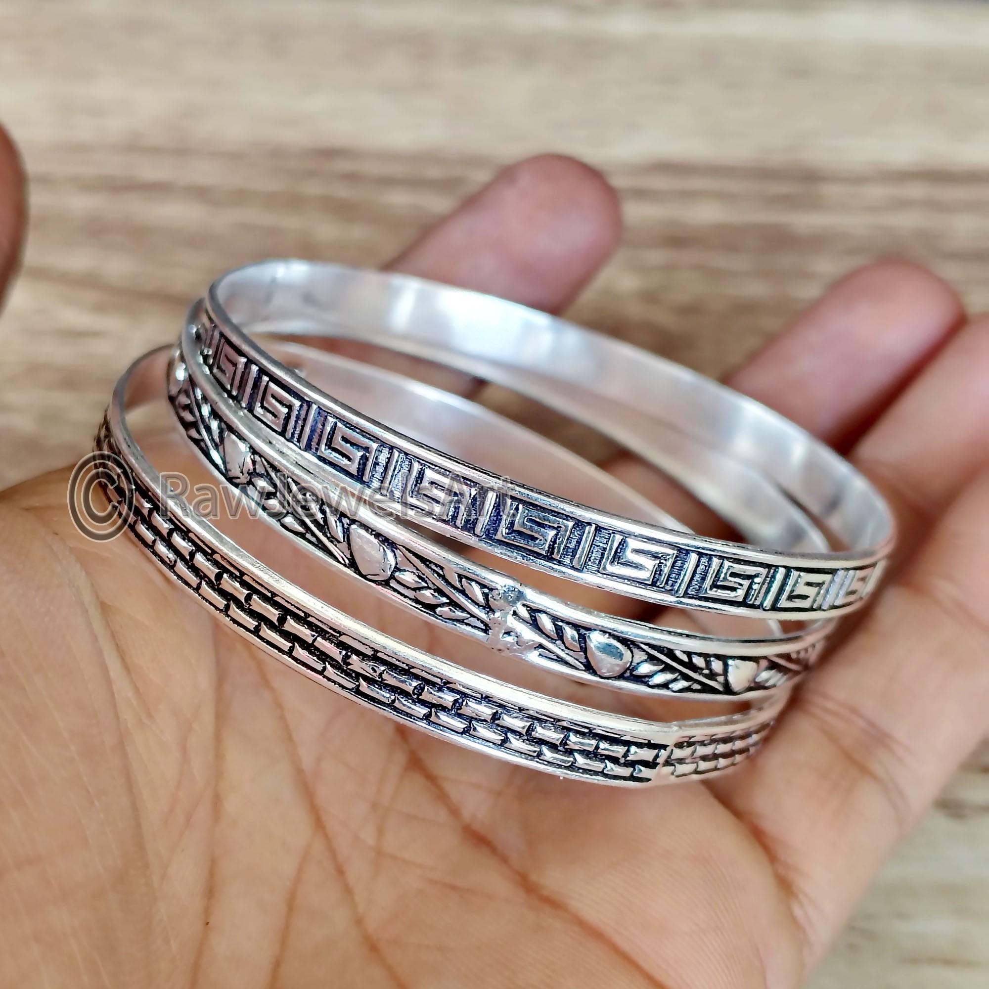 Sterling Silver Bangle Set: Leaf, Greek Key, West Indian Bangles