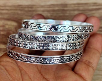 Sterling Silver Bangle Set: Leaf & Flower Design, Stacking Bangles