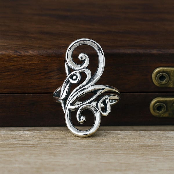 Handmade Sterling Silver Ornate Scroll Ring - Boho Statement Jewelry