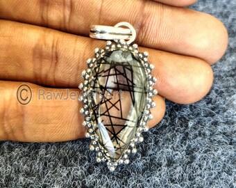 Black Rutile Pendant: Handmade 925 Sterling Silver Necklace