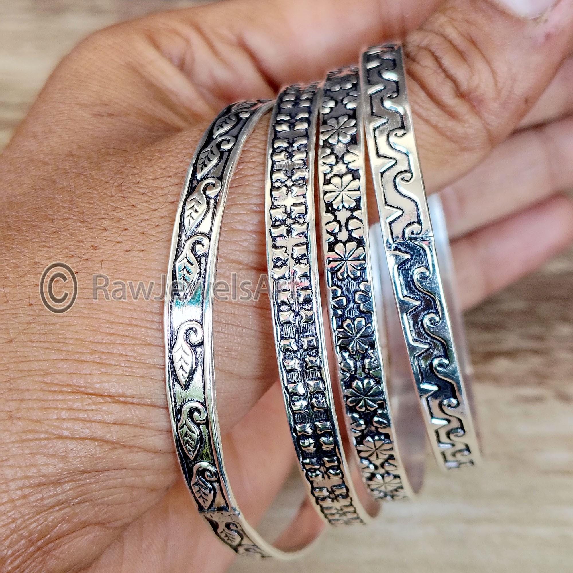 Sterling Silver Bangle Set: Leaf & Flower Design, Stacking Bangles