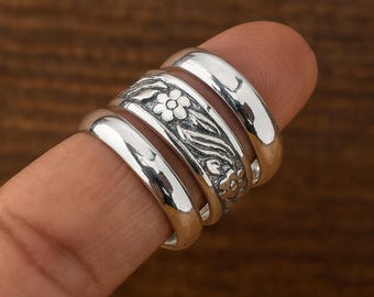 Ensemble de bagues empilables faites main en argent sterling 925, motif floral