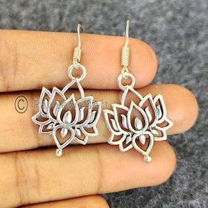 Lotus Flower Dangle Earrings: Handmade 925 Silver Earrings